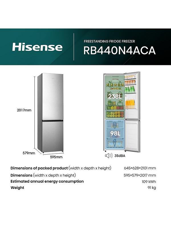 Hisense RB440N4ACA 60cm Wide, Total No Frost, A Rating, Freestanding Fridge Freezer - Stainless Steel - Image 6